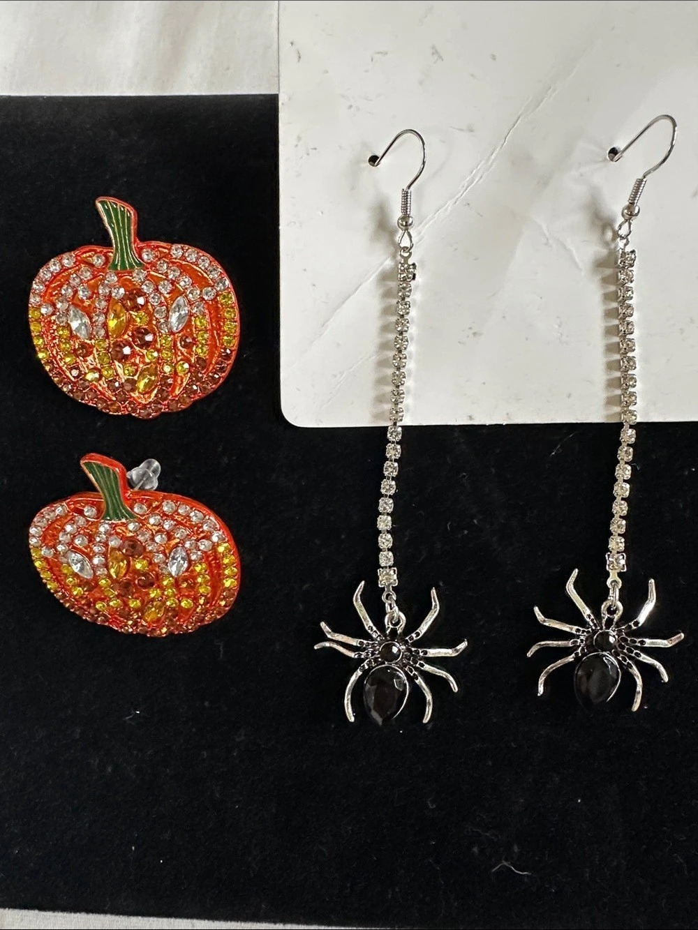 2Pair  Halloween Earrings-Pumpkin Stud Earrings + Spooky Hanging Spiders